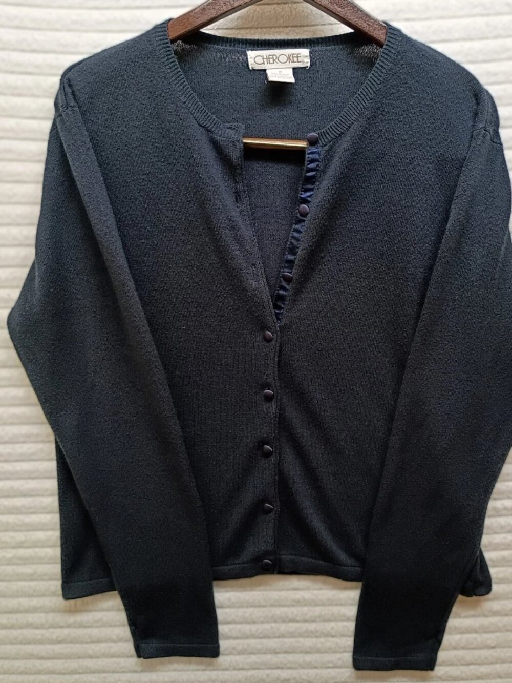 Cherokee Sweater Womens Medium Navy Blue Silk Knit Blend Button Up Cardigan